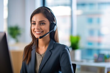 Beautiful customer service operator in headset working in call center