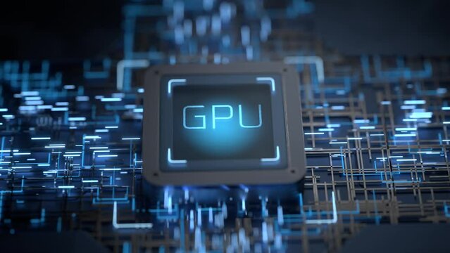 Rotation of the GPU on an electronic circuit. Animation of installing a graphics processor on an electronic circuit.