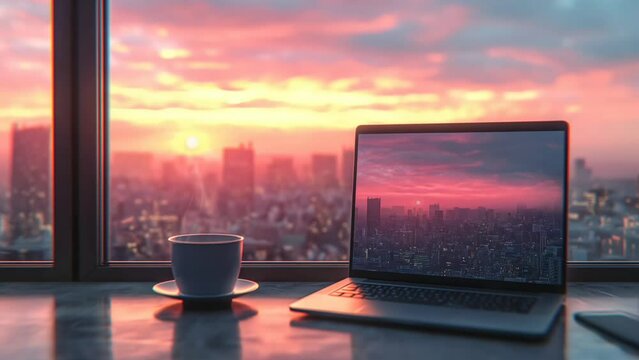 Coffee and laptop in apartment window while enjoying the city view during sunrise or sunset. seamless looping 4k time-lapse animation video background
