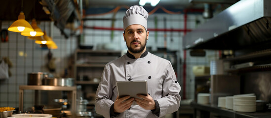 man chef using a computer tablet while working in the industrial kitchen.