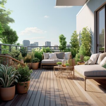 An Outside Area With A Couch And Chair On The Deck Looking Out Onto The Trees In The Yard Behind It