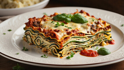 Picture of a hearty Zucchini Lasagna served in a time honored plate, sitting elegantly on a wooden table and the textures and colors that make this dish a feast for both the eyes and the palate