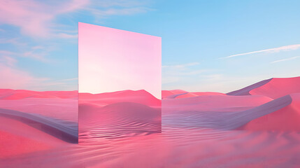 surreal landscape, pink dunes with a rectangle mirror standing