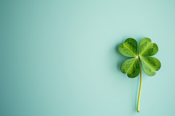 Shamrock four leaf clover on light blue background with copy space. St. Patrick's Day concept.	