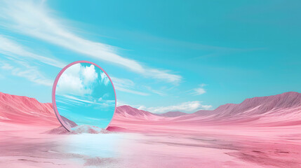 surreal pink dunes landscape with circle mirror and blue sky and clouds - obrazy, fototapety, plakaty