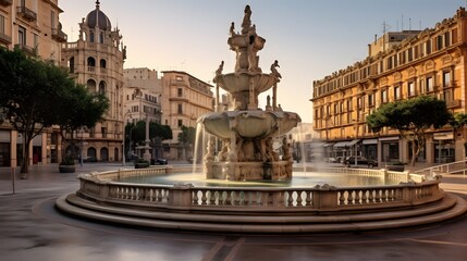 Genoa, Italy Plaza and Fountain in the Morning
 - obrazy, fototapety, plakaty