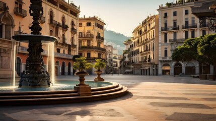 Genoa, Italy Plaza and Fountain in the Morning
