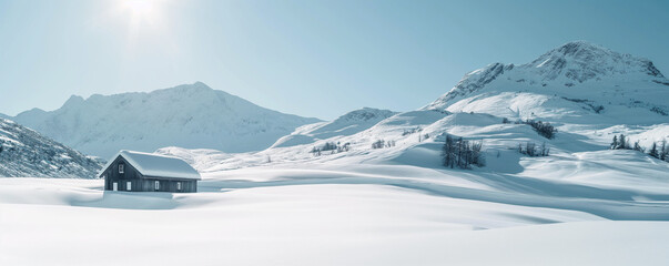 Remote Mountain Lodge in German Alps. Snowy Meadow, Wooden Log Cabin, Pure Nature. Sustainability, Wellness, Adventure. Modern Luxury, Dream Vacation, Eco Travel. Perfect Getaway, Blissful Retreat