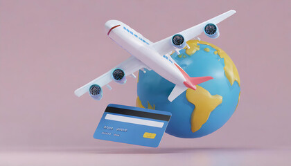 Minimal cartoon flight airplane travel tourism plane trip planning world, leisure touring holiday summer concept. Flight airplane payment by credit card. 3d travel booking and service. 3d rendering