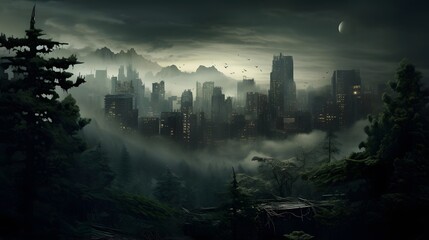 Foggy night in the city, panoramic view.