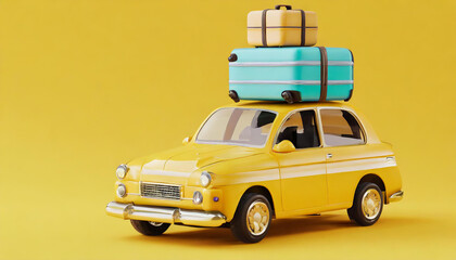 Cute yellow car with luggage on the roof ready for travel on yellow background. 3D Rendering, 3D Illustration