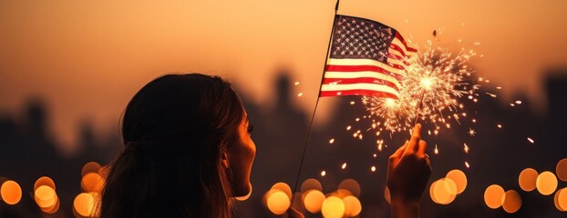 Woman Holding American Flag and Fireworks Generative AI - obrazy, fototapety, plakaty