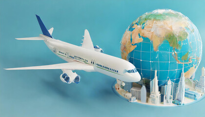 Travel concept. Airplane and time to travel banner. travel around the world. landmarks on the globe. Tourism and planning with flight plane. Creative idea with 3d design. Business concept. 3d render