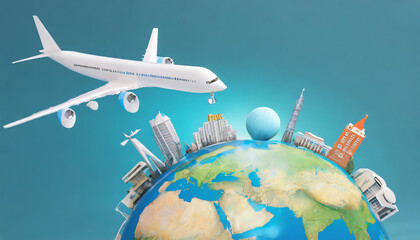 Obraz premium Travel concept. Airplane and time to travel banner. travel around the world. landmarks on the globe. Tourism and planning with flight plane. Creative idea with 3d design. Business concept. 3d render