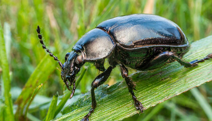 Wildlife. Black beetle bug on the green grass.