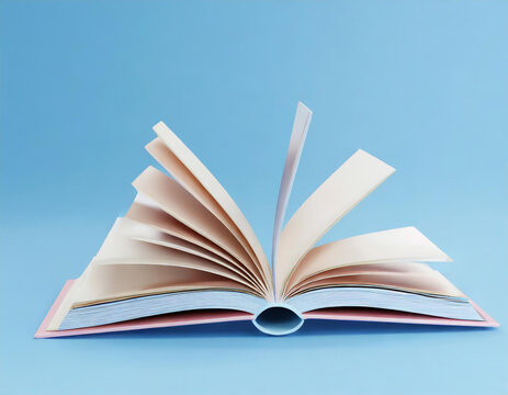 3D Open book on blue background, Online education or e-learning concept, online tutorials course. 3d render illustration