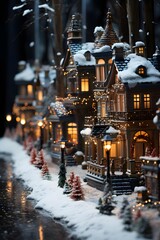 Christmas and New Year holidays background. Festive decoration in the form of a Christmas tree and houses in the snow.
