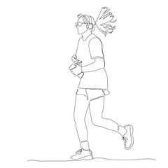 Woman with headset jogging. Holding mobile phone. Continuous line drawing. Hand drawn black and white vector illustration in line art style.