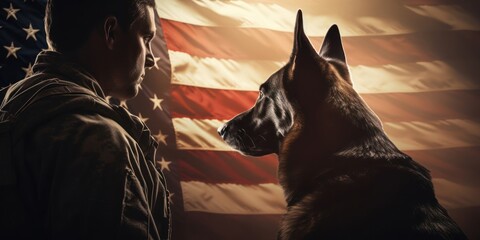 Man and Dog Standing in Front of an American Flag Generative AI