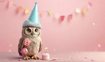 Foto auf Alu-Dibond A cute little birthday owl with birthday cap celebrating his birthday, symbol of love. Pastel, creative, animal concept. Birthday party for owls. Illustration © Xabi
