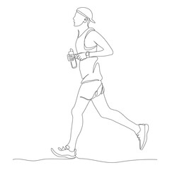 Man jogging or running. Holding water bottle. Side view. Continuous line drawing. Hand drawn black and white vector illustration in line art style.