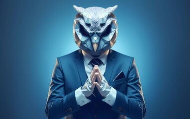 man folding hands career concept wearing vest mask polygonal owl isolated blue background. generative ai