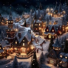 Winter village in the snow. Christmas and New Year holidays background.