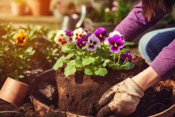 Spring gardening, transplanting spring flowers from a pot into the ground, close up - obrazy, fototapety, plakaty