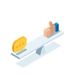 isometric like and comment on scales, in color on a white background, activity on the Internet and social networks