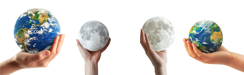 Hand possessing a set of Earth and Moon, Isolated on Transparent Background, PNG
