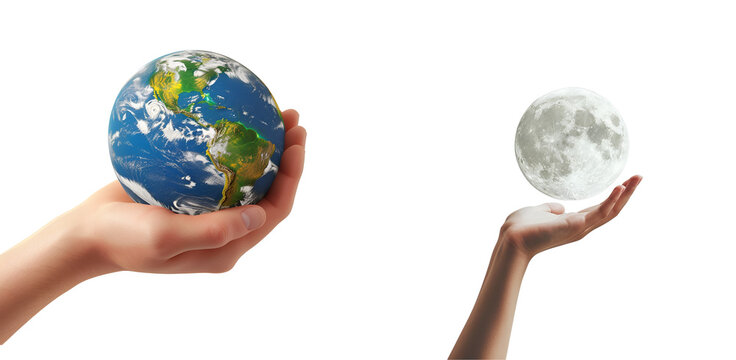 Hand containing a set of Earth and Moon, Isolated on Transparent Background, PNG