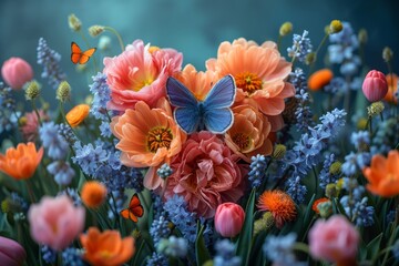 Fototapeta na wymiar Vivid Orange Blooms and Butterfly in Mystical Garden