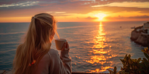 girl drinking coffee at sunset overlooking the ocean, poster, banner