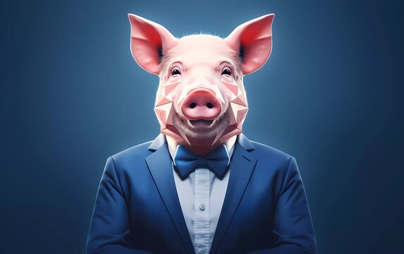 man folding hands career concept wearing vest polygonal mask pig isolated blue background. generative ai