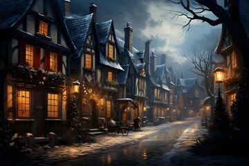 Winter night in the old town with houses and christmas lights.