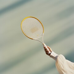 Focused close-up of a badminton racket held aloft, evoking themes of readiness and precision in sport against a motion blur backdrop