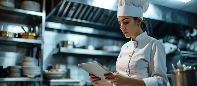 woman chef using a computer tablet while working in the industrial kitchen.
