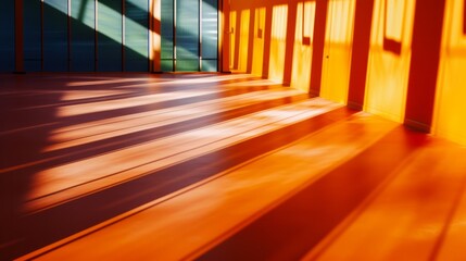 Dynamic orange shadows on gym floor suggesting movement, ideal for sports product mock-up and energetic themes