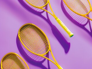 Yellow tennis rackets pattern on a purple background, depicting sports equipment and active lifestyle