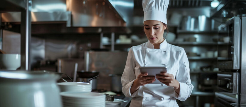 woman chef using a computer tablet while working in the industrial kitchen.