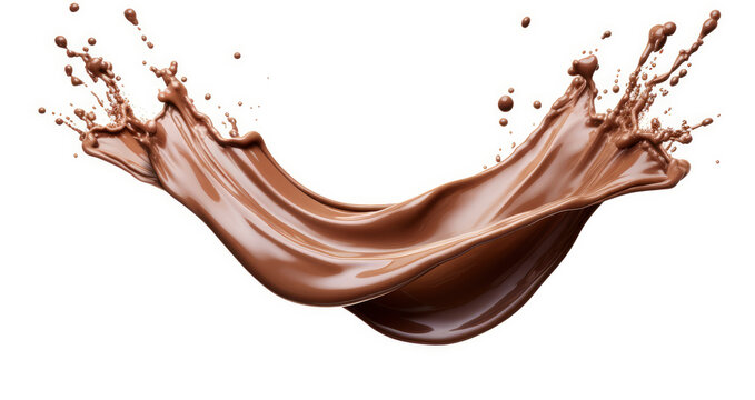 Splashes of cocoa, coffee or liquid chocolate with drops on a white background. Element for design, packaging, mockup