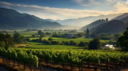 panoramic view of vineyard and mountains in the morning light