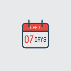 Countdown daily page calendar icon 07 days left. Number day to go. Agenda app, business deadline, date. Reminder, schedule simple pictogram. Countdown for sale, promotion