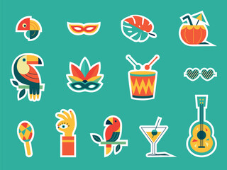 Happy Carnival, colorful geometric stickers. Rio Carnival set in retro style with mask, garland, toucan, drum, guitar, cocktail glass. Vector Party Elements. Brazilian Rhythm, Dance and Music