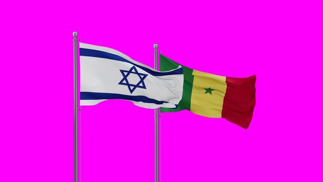 Republic of Senegal and Israel flag waving with colored chroma key for easy background remove, endless seamless loop, two country cooperation concept