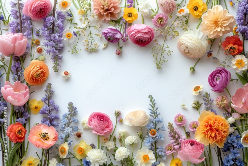 Poster A collection of various colorful flowers arranged neatly on a table.
