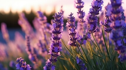 Beautiful natural background. Blooming purple lavender in field at sunset close-up. Lavender sprigs, fragrant flowers, ingredient for making perfumes and cosmetics. Aromatherapy - obrazy, fototapety, plakaty