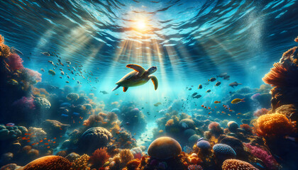 Fototapeta premium underwater scene with fish,underwater scene with sunlight filtering through, showcasing vibrant marine life, coral reefs, tropical fish, and a sea turtle. Mood: serene, exploratory. Generative AI.