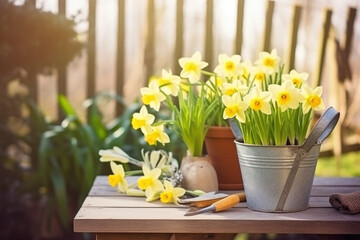 Spring gardening, gardening tools and flowers in the garden - obrazy, fototapety, plakaty
