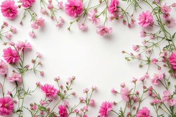 Pastel pink flowers against a plain white background. Colorful floral card template background. 